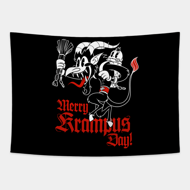 Happy Krampusnacht Krampus Old 30s Cartoon style Tapestry by Juandamurai