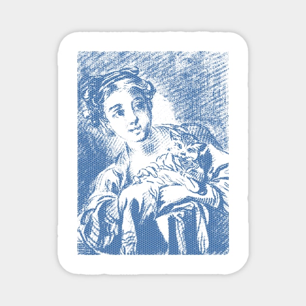 A Young Girl holding a Cat by 18th century French Artist  Louis Marin Bonnet Polka Hexagonal Honeycomb Fill Magnet by pelagio