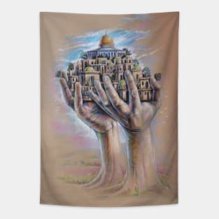 Save Jerusalem Al Aqsa Painting, Palestinian Resistance Hands Holding Al Quds Old City Tapestry