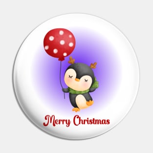Merry Christmas Cute Penguin and Red Balloon Pin