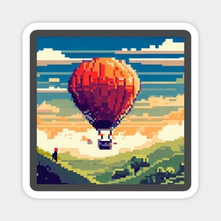 A person taking a hot air balloon ride over the countryside pixel art Magnet