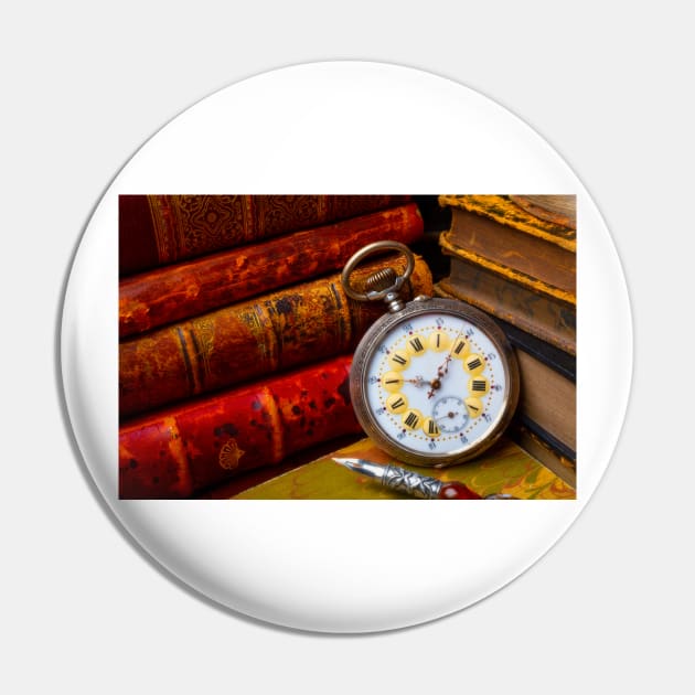 Beautiful Old Pocket Watch And Stacked Books Pin by photogarry