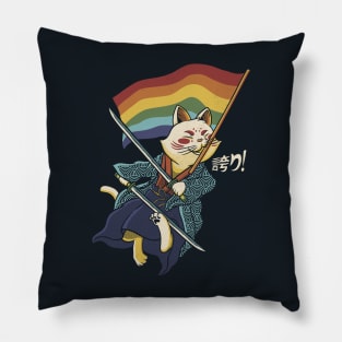 Katana Cat Rainbow Flag Japanese Style by Tobe Fonseca Pillow