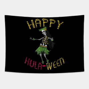 Happy Hula Ween Hawaiian Tiki Dancing Skeleton Tapestry