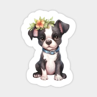 Watercolor Boston Terrier Dog with Head Wreath Magnet