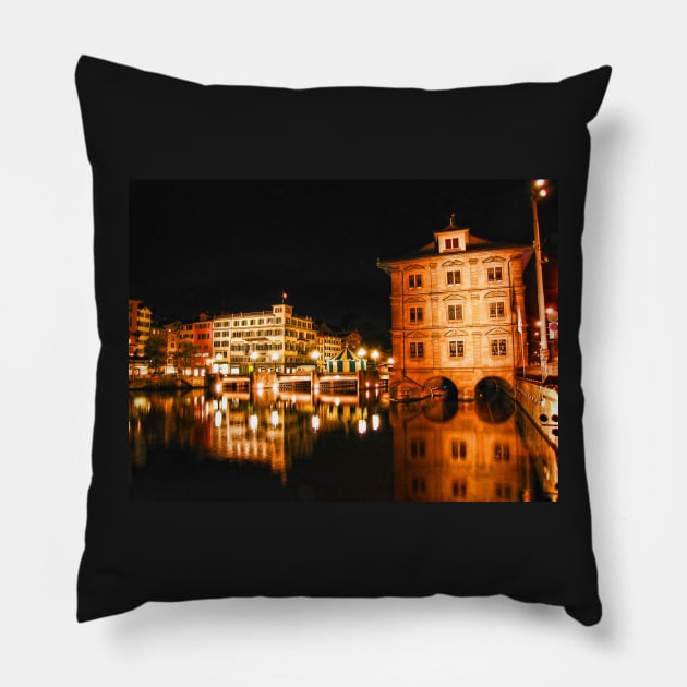 Night, Zurich, Switzerland. Pillow by vadim19