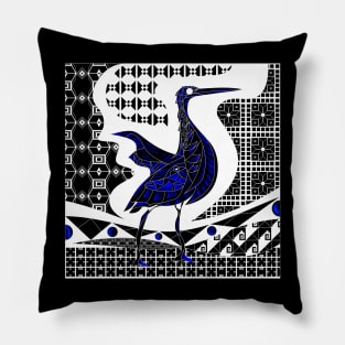 blue heron agami bird in black talavera patterns in mexican wallpaper ecopop Pillow