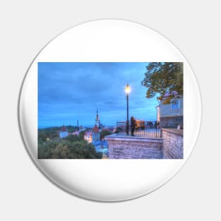 View from Toompea of Lower Town, Old Town with St. Olai's Church or Oleviste Kirik, and the towers of the city wall at dusk, Tallinn, Estonia, Europe Pin