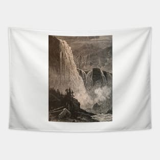 Skjeggedal, Norway waterfall illustration in black and white, 1800s, historical nature Tapestry