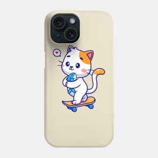 Cute Cat Holding Fish On Skateboard Cartoon Phone Case