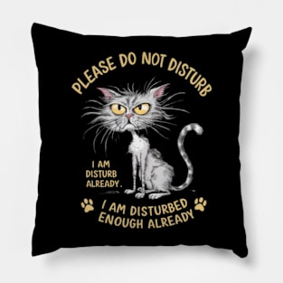 A whimsical cartoon drawing of a disheveled cat, with its fur sticking out in all directions and large yellow eyes showing irritation. (12) Pillow