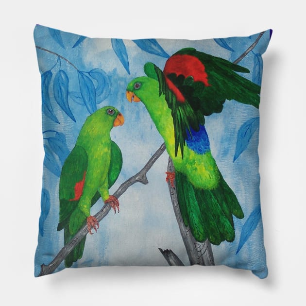 Red-Winged parrots - bird painting. Pillow by GarryGreenwood