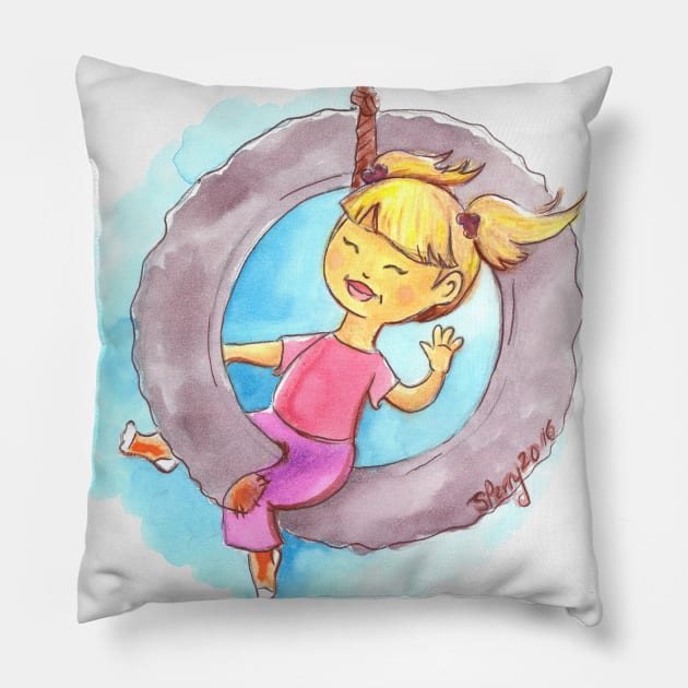 Girl on the tire swing Pillow by StephaniePerryArt