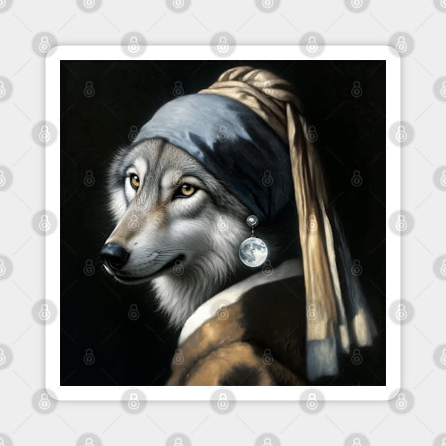 Wildlife Conservation - Pearl Earring Gray Wolf Meme Magnet by Edd Paint Something