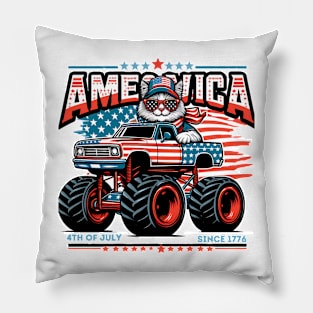 AMEOWICA cat drives a monster truck 4th of July independence Pillow