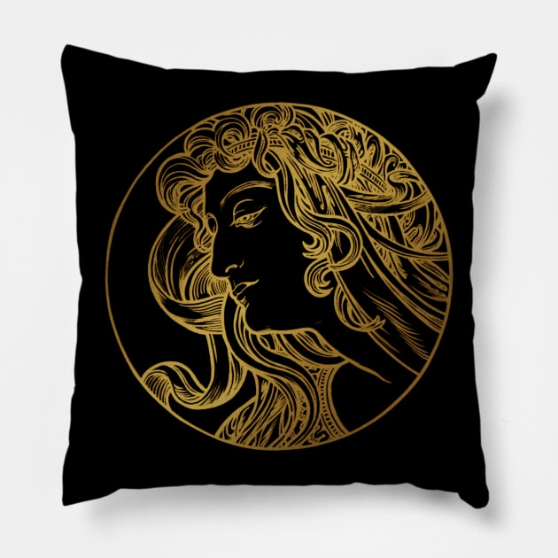 Art nouveau gold silhouette lady 4 Pillow by Allbestshirts