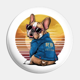 A vibrant vector illustration of a French Bulldog wearing sunglasses and a blue jean jacket, embodying a carefree(2) Pin