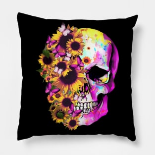 Tattoo skull floral sunflowers watercolor design Pillow