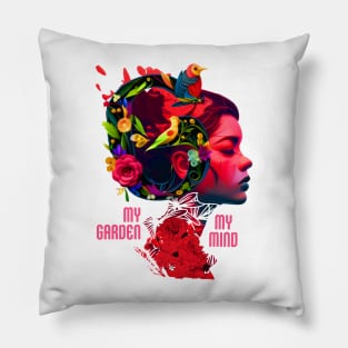 My Garden, My Mind - Floral Girl Head Illustration Pillow