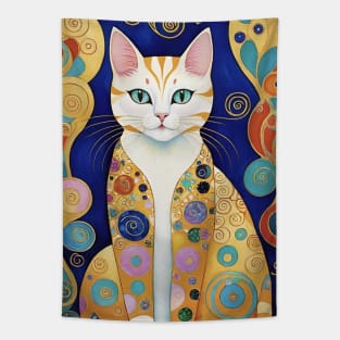 Gustav Klimt's Whimsical Feline: Colorful Cat Illustration Tapestry