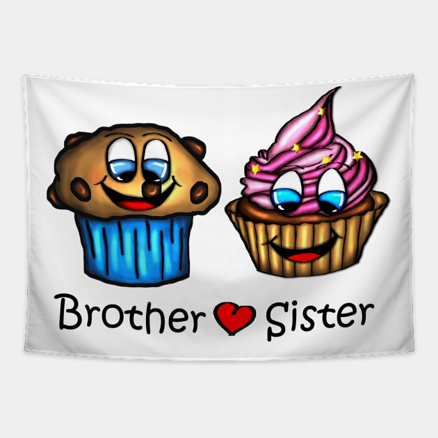 Smiling Muffin and Cupcake - Brother and Sister with red heart Tapestry by emyzingdesignz