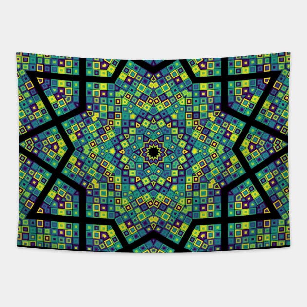 Star Burst Kaleidoscope | Hexagon Blue Green Yellow Tapestry by aRtVerse