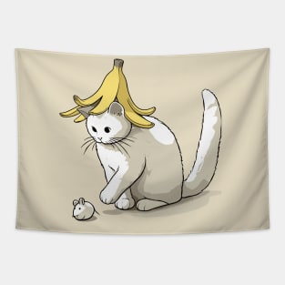 Funny banana cat catching mouse Tapestry