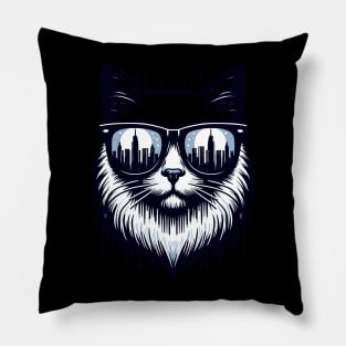 Cat in Sunglasses with City Skyline - Urban Chic Pillow