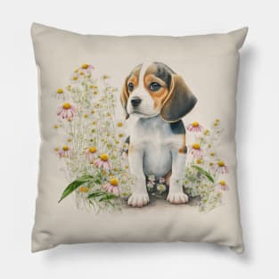 Beagle Baby Puppy Dog Brown Watercolor Floral Art #5 Pillow