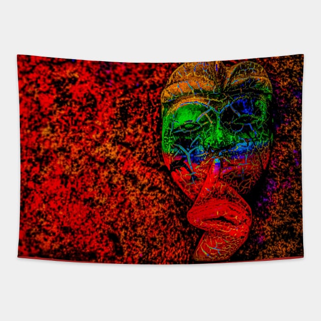 A Bali face mask on dark red background Tapestry by kall3bu