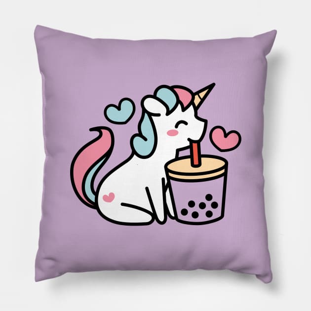 Cute Unicorn Sipping Bubble Tea - Kawaii Taro Boba Tea Pillow by BobaTeaMe