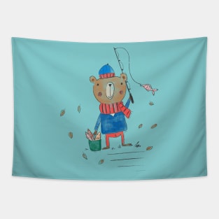 Fishing Bear cartoon Tapestry