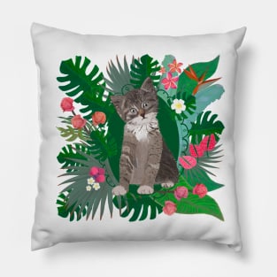 Cute cat and tropical flowers Pillow