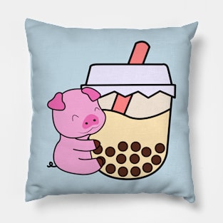 Cute Happy Baby Pig Hugs Sweet Bubble Tea Cream Boba Tea Kawaii Pillow