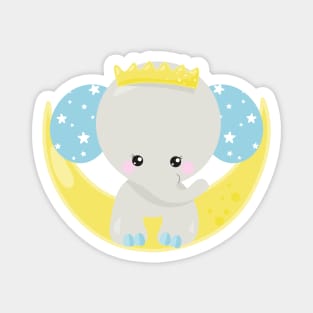 Cute Elephant, Elephant On The Moon, Crown, Stars Magnet