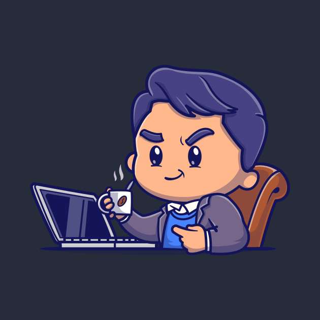 Cute Man Working On Laptop And Drink Coffee Cartoon by Catalyst Labs