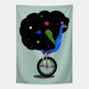 Peacock riding a bike Tapestry