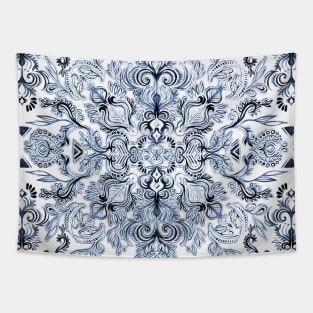 Indigo, Navy Blue and White Calligraphy Doodle Pattern Tapestry