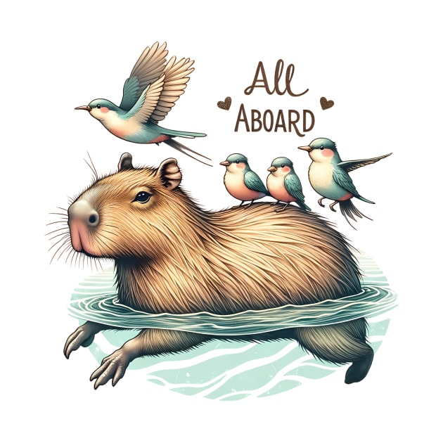 All Aboard Capybara Swimming with Birds by TheCloakedOak