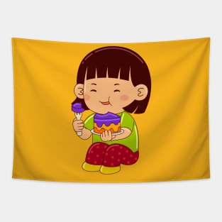 girl kids eating cake Tapestry