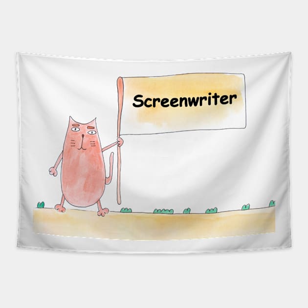 Screenwriter. Profession, work, job. Cat shows a banner with the inscription. Watercolor illustration. A gift for a professional Tapestry by grafinya