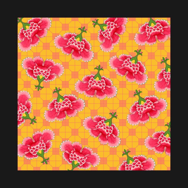 Chinese Vintage Pink and Red Flowers with Yellow and Orange Tile - Hong Kong Traditional Floral Pattern by CRAFTY BITCH