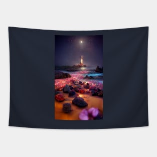 Mystical lighthouse in a glow beach pointing at Polaris Tapestry