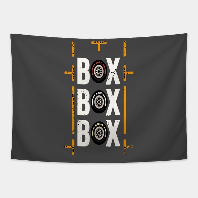 "Box Box Box" F1 Tyre Tapestry by Lamink