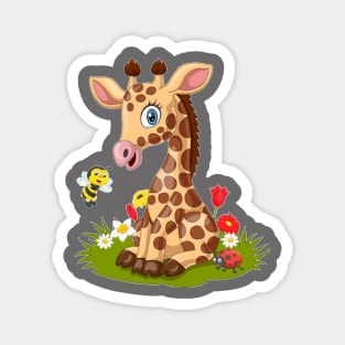 Cartoon little giraffe with bee in the grass Magnet