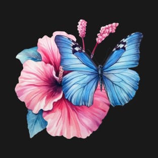 Blue Butterfly on Pink Hibiscus Watercolor T-Shirt