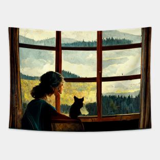 All you need is a cat as you stare out the window Tapestry