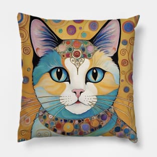 Gustav Klimt's Chromatic Whiskers: Colorful Cat Illustration Pillow