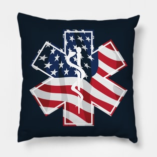 Patriotic Star of Life Paramedic EMT Medical Service Symbol with USA Flag Overlay Pillow