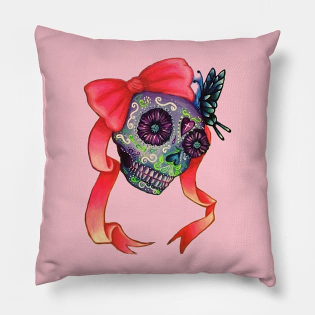 Sugar skull with pink bow Pillow by Whatstheteashirt